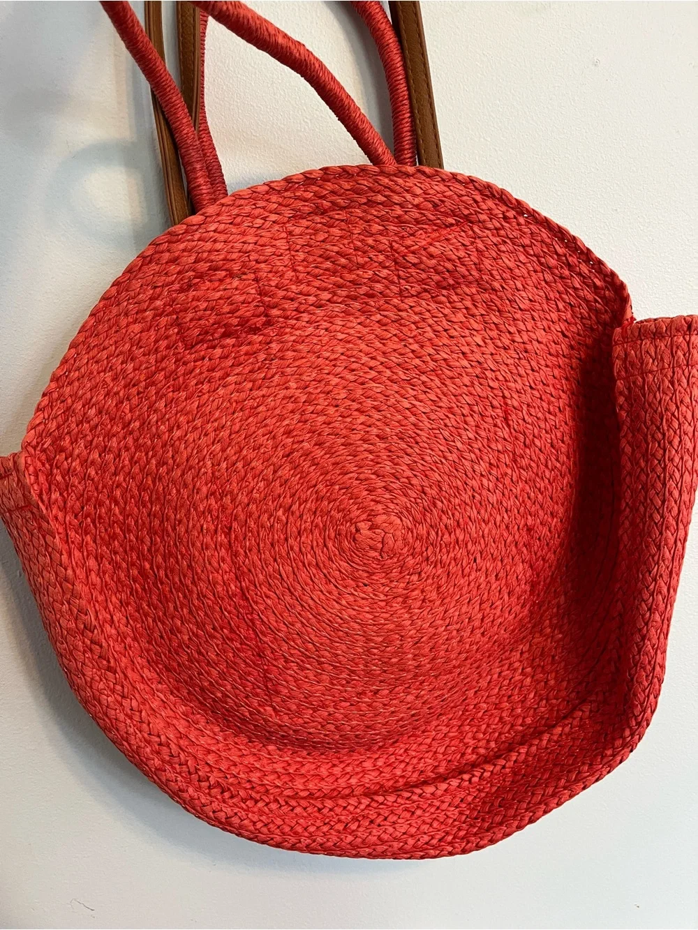 Time and Tru orange Coral Round Straw Tote bag with Tan Handles purse circle